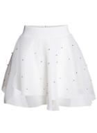 Romwe Bead Sheer Mesh Flare White Skirt