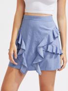 Romwe Frill Trim Chambray Skirt