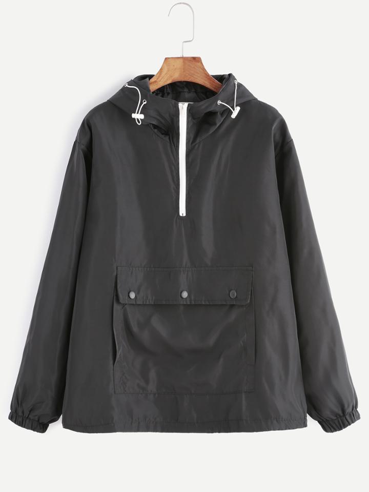 Romwe Black Zipper Front Drawstring Hooded Pocket Sweatshirt