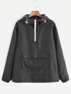 Romwe Black Zipper Front Drawstring Hooded Pocket Sweatshirt