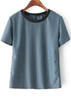Romwe Round Neck Vertical Striped Blue T-shirt