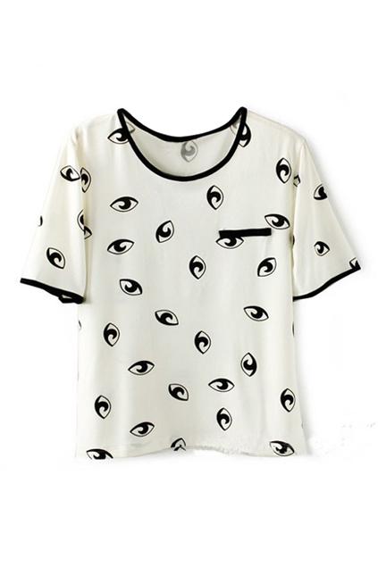 Romwe Eye Print Pocketed White T-shirt