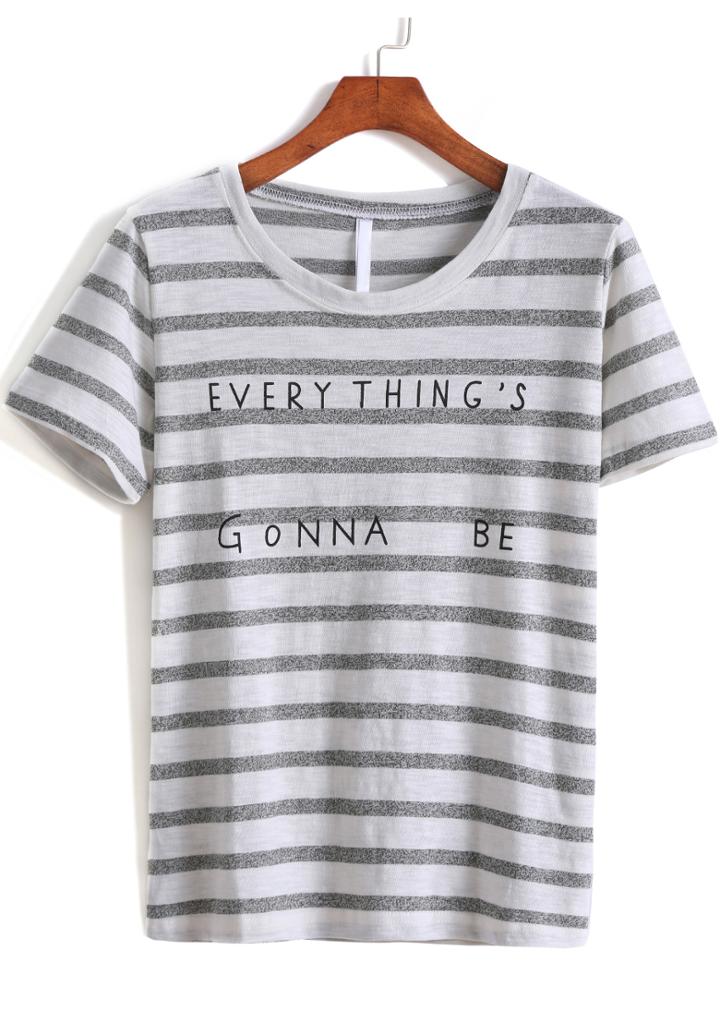Romwe Black Short Sleeve Striped Letters Print T-shirt