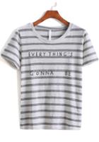 Romwe Black Short Sleeve Striped Letters Print T-shirt