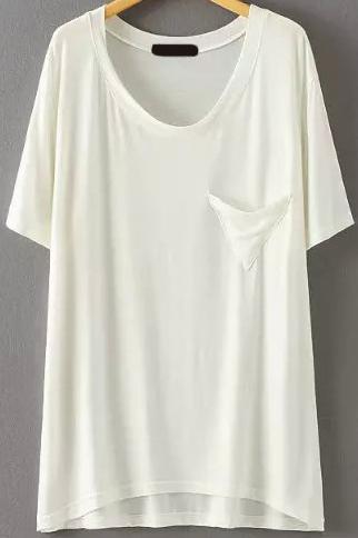 Romwe Dip Hem Triangle Pocket White T-shirt
