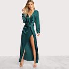 Romwe Collared Plunge Neck Twist Satin Dress