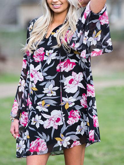Romwe Black Flower Print Tie Neck Bell Sleeve Dress