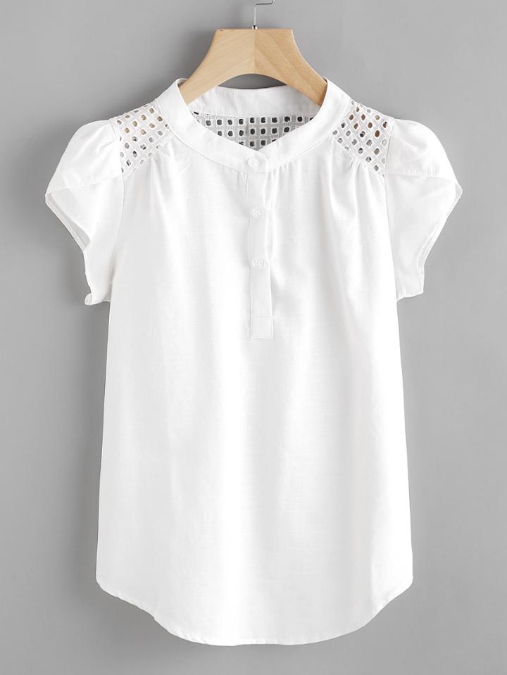 Romwe Eyelet Embroidered Panel Petal Sleeve Blouse