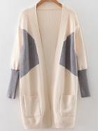 Romwe Beige Color Block Ribbed Trim Cardigan With Pockets