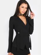 Romwe Belted Structured Blazer Coat Black