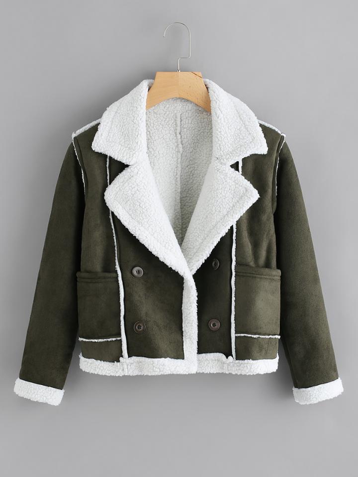 Romwe Double Breasted Sherpa Lined Jacket