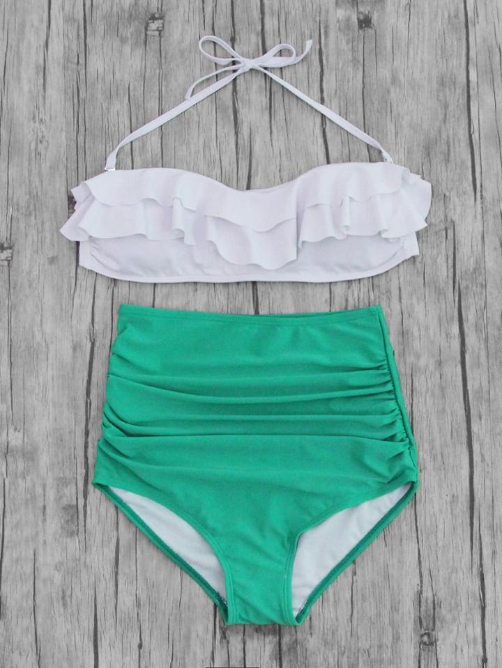 Romwe Layered Flounce Ruched High Waist Bikini Set