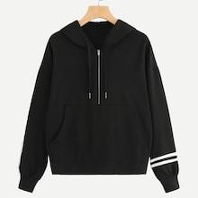 Romwe Quarter Zip Varsity Striped Hooded Sweatshirt