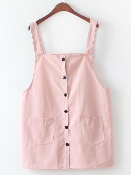 Romwe Pink Strap Dress With Buttons And Pockets