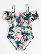 Romwe Flower Print Flounce Swimsuit