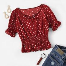 Romwe Polka Dot Ruffle Hem Tie Neck Blouse