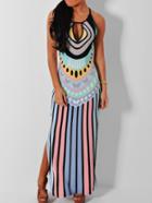 Romwe Keyhole Slit Vertical Striped Maxi Dress