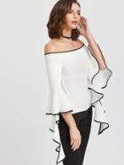Romwe Contrast Trim Flared Sleeve Bardot Top