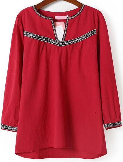 Romwe V Neck Embroidered Blouse