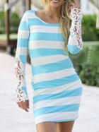 Romwe Contrast Lace Striped Sheath Pale Green Dress
