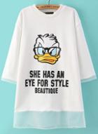 Romwe White Donald Duck Letters Print Sheer Mesh Sweatshirt
