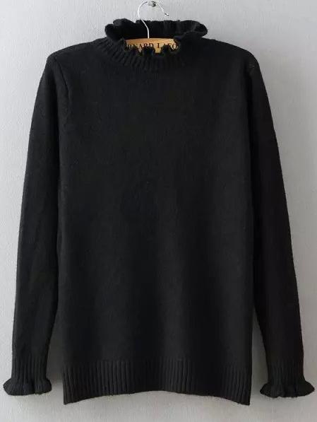 Romwe High Neck Fungus Edge Black Sweater