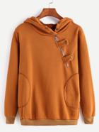 Romwe Camel Zip Detail Button Hooded Pockets Sweatshirt