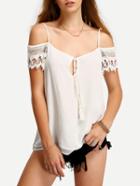 Romwe Crochet Cold Shoulder Tassel-tie Cami Blouse