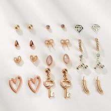 Romwe Key & Heart Stud Earrings 12pairs