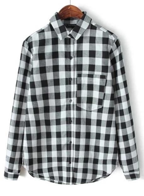 Romwe Check Print Pocket Grey Blouse