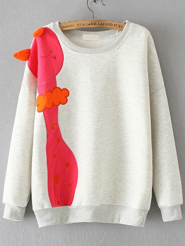 Romwe Grey Snack Embroidered Dropped Shoulder Seam Sweatshirt