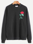 Romwe Black High Neck Rose Embroidery Sweatshirt