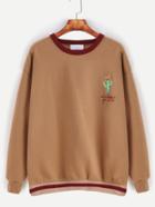 Romwe Khaki Contrast Trim Dropped Shoulder Seam Cactus Embroidery Sweatshirt