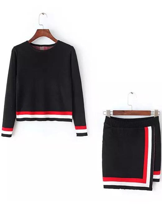 Romwe Round Neck Striped Trim Sweater With Wraped Skirt