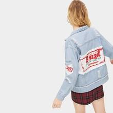 Romwe Letter Print Back Destroyed Denim Jacket