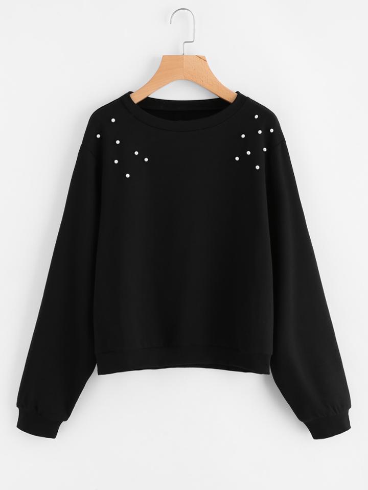 Romwe Drop Shoulder Pearl Beaded Pullover