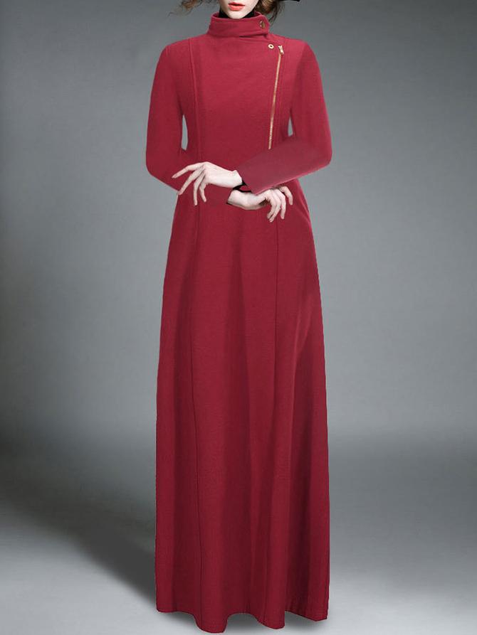 Romwe Stand Collar Zipper Maxi Red Coat