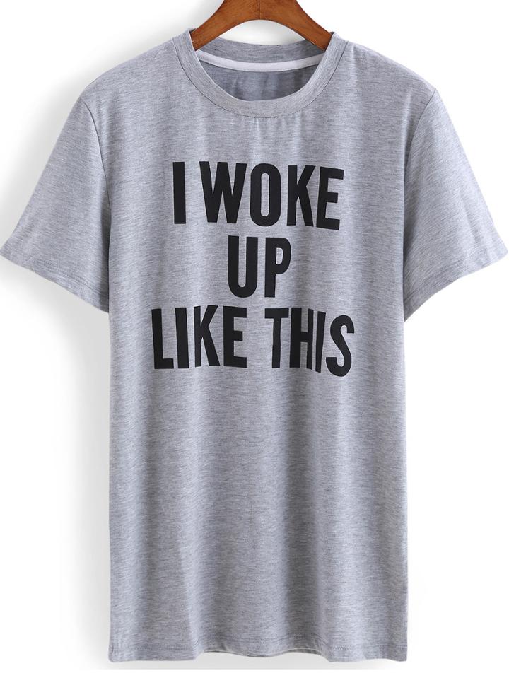 Romwe Grey Short Sleeve Letters Print T-shirt