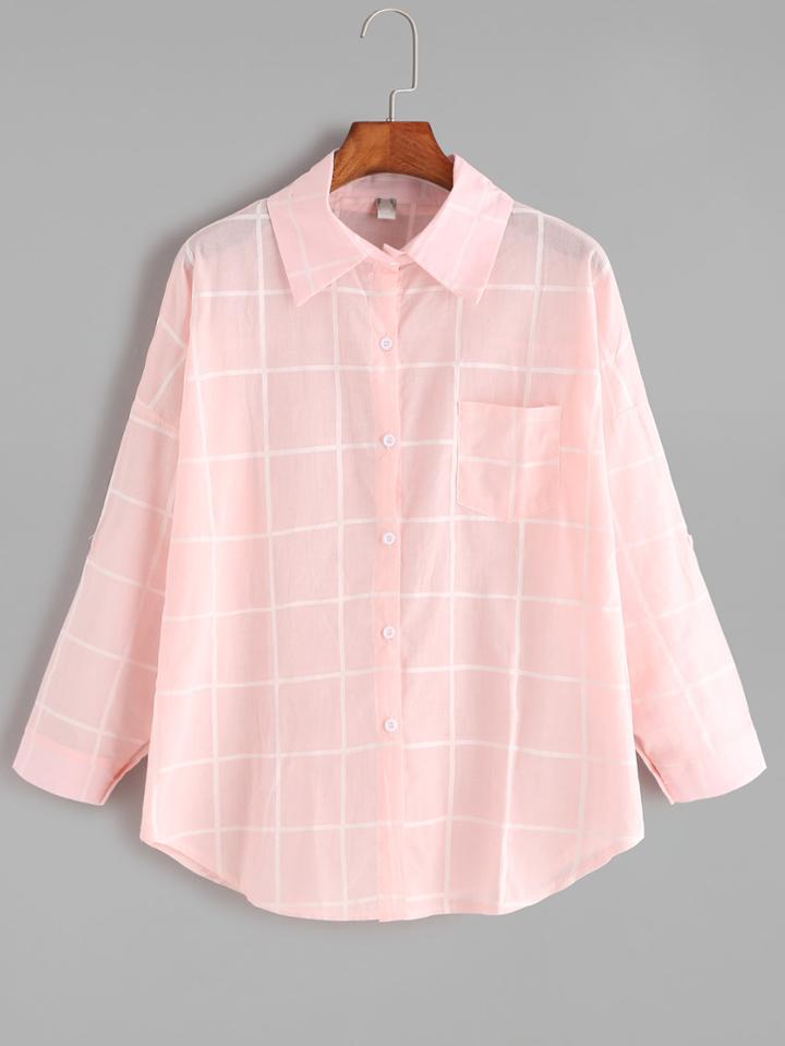 Romwe Pink Grid Dropped Shoulder Seam Pocket Shirt
