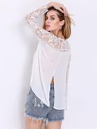 Romwe White Long Sleeve Hollow Lace Blouse