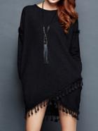 Romwe Wrap Fringe Loose Black Sweater Dress