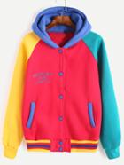 Romwe Color Block Letter Embroidered Hooded Baseball Jacket