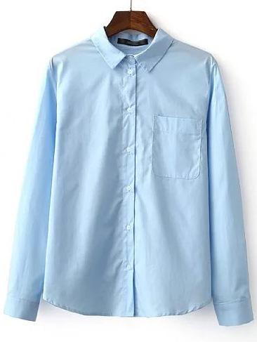 Romwe Blue Lapel Pocket Plain Blouse