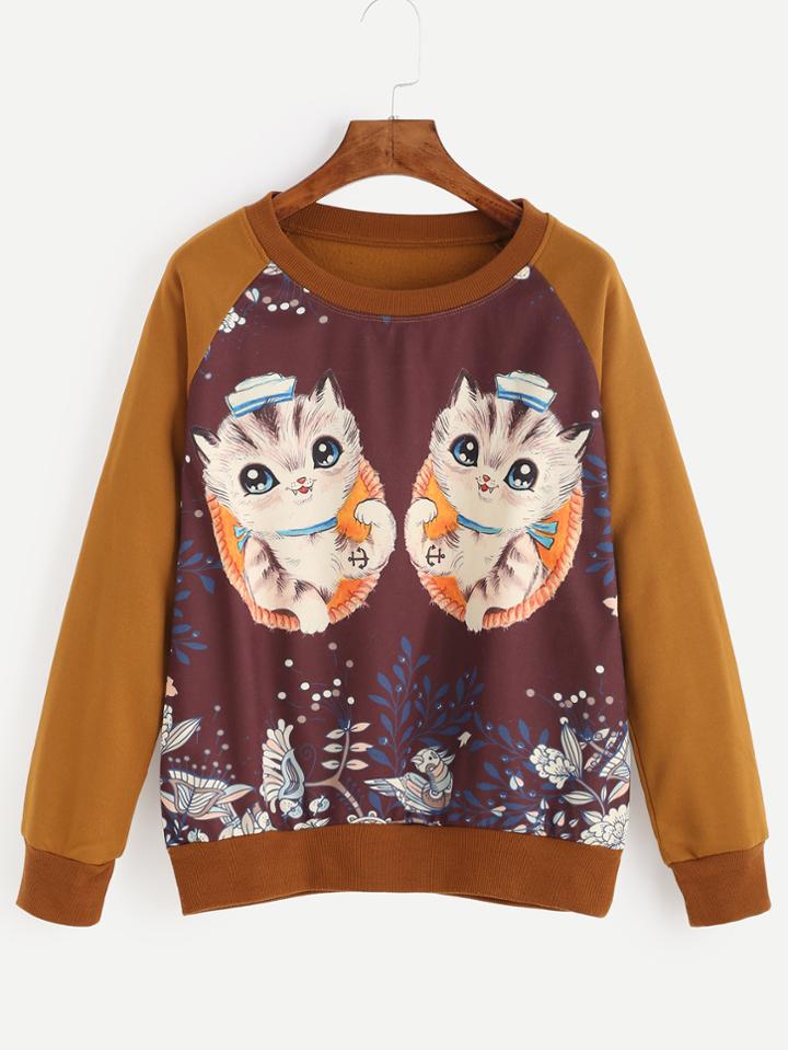 Romwe Contrast Cat Print Raglan Sleeve Sweatshirt