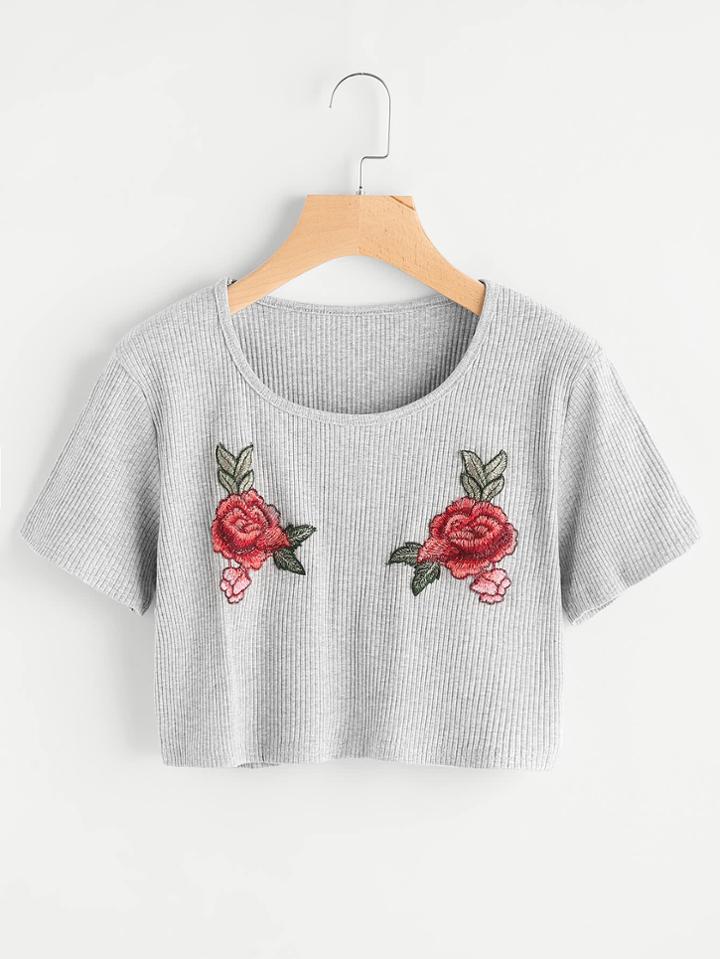 Romwe Rose Embroidered Applique Ribbed Crop Tee