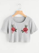 Romwe Rose Embroidered Applique Ribbed Crop Tee