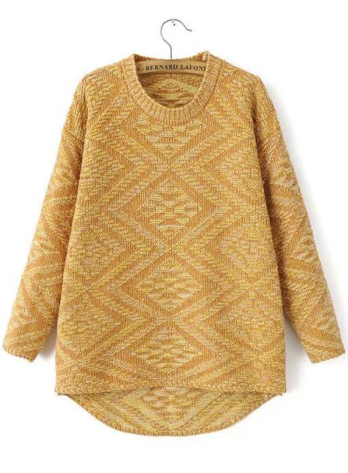 Romwe Diamond Patterned Dipped Hem Khaki Sweater