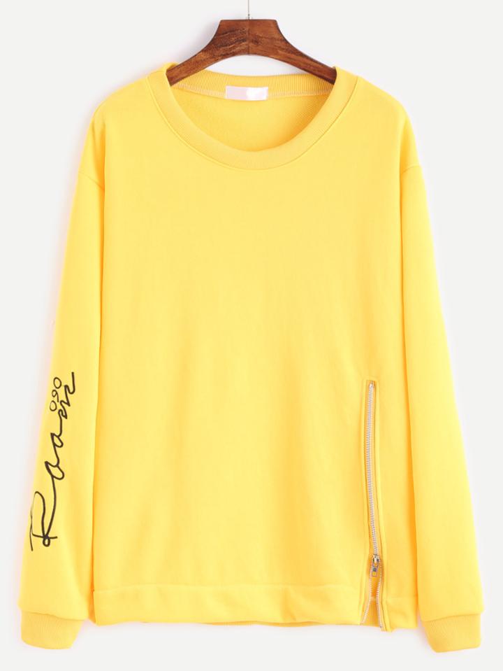 Romwe Yellow Sleeve Embroidered Sweatshirt With Zip Detail