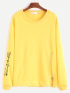 Romwe Yellow Sleeve Embroidered Sweatshirt With Zip Detail