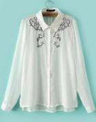 Romwe Embroidered Sequined White Blouse